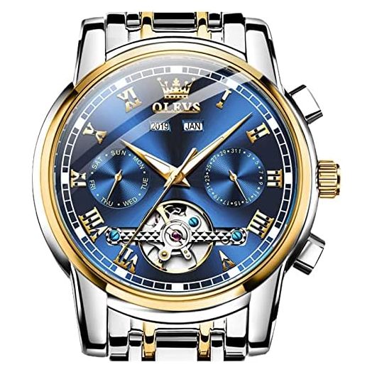 OLEVS Automatic Watch(No Battery Required) Men's Wrist Watches Self-Wind Mechanical Watches Fashion Classic Tourbillon Skeleton Watch Black Blue Green Face,Adjustable Bracelet (Gift Tool)