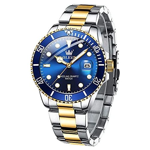 Men’s Watches with Date, Stainless Steel Band, Large Face Case, Quartz Analog Waterproof Luminous Wrist Watch, Two Tone Dress Relojes de Hombre [Green/Black/Blue Dial Watches for Men]