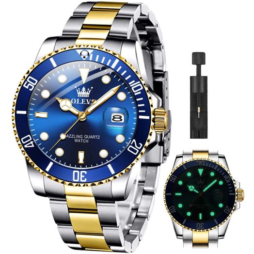 OLEVS Mens Watches Watch Men Gold Blue Band Waterproof Date Analog Quartz Watch Luxury Casual Fashion Wrist Watches for Men,Pro Diver Watch Two Tone Watch,Dress Big Face Men Watch Relojes Para Hombres