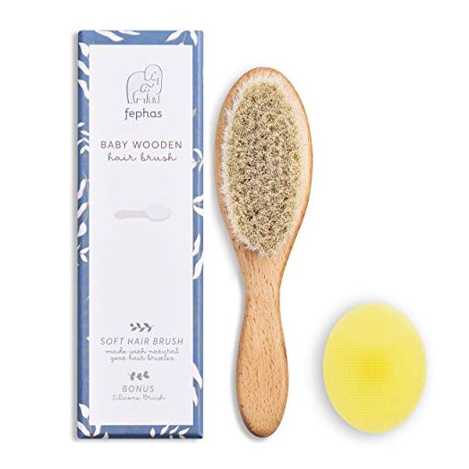 Fephas Wooden Baby Goat Hair Brush| Hairbrush for Newborn and Toddler Girl/Boy Features Soft Goat Hair and a Silicone Brush for Cradle Cap| Ideal for Baby Registry