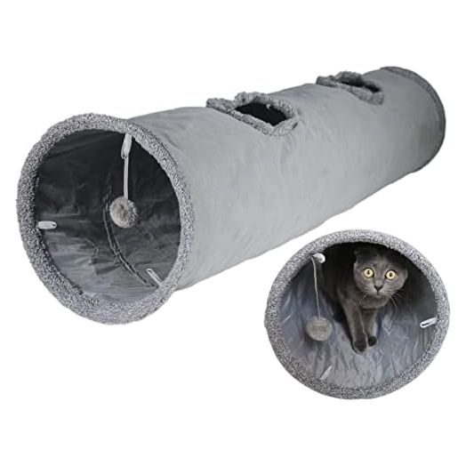 Cat Tunnel for Indoor Cats, 51×12 inch Foldable Big Cat Tunnel, Grey Suede Pet Tunnels with Two Peepholes and a Bubble Ball