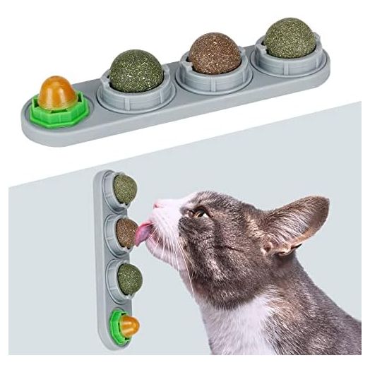 Catnip Ball for Cats Wall, 4 Pack, Silvervine Balls, Edible Toys, Lick Safe Healthy Kitten Chew & Teeth Cleaning Dental Toys, Wall Treats (Grey)