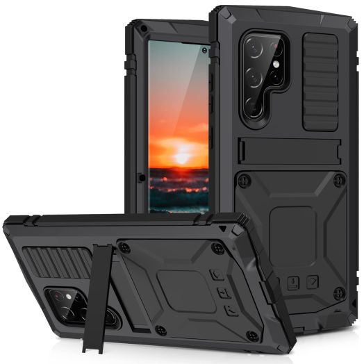 Samsung S22 Ultra 5G Metal case with Kickstand Screen Protector Case Sturdy Military Armor Durable Full Body Heavy Duty Shockproof Drop Tested Outdoor case for Samsung S22 Ultra 5G (Black)