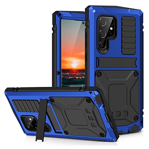 Samsung S22 Ultra Metal Case with Screen Protector Camera Protector Military Rugged Heavy Duty Shockproof Case with Stand Full Cover Tough case for Samsung S22 Ultra (S22 Ultra, Blue)