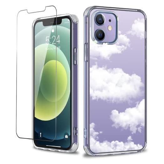 ilnehc Cloud Designed for iPhone 12/12 Pro Case[with Screen Protector], Clear Women Phone Case Shockproof Protective Soft TPU Bumper Cover 6.1 Inch 2020