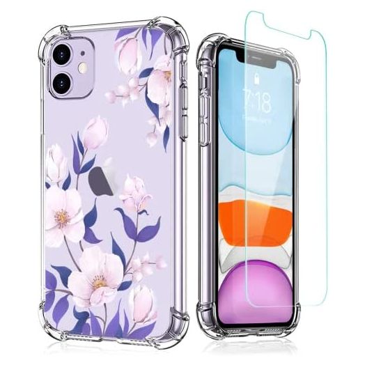 XEEUE Flower Pattern Designed for iPhone 11 Case with Screen Protector, Floral Clear Women Phone Case Shockproof Protective Soft TPU Bumper Cover 6.1 Inch (Hibiscus/Purple)