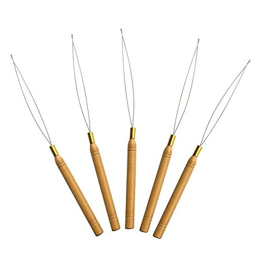 5 Wooden Hair Extensions Loop Needle Threader Wire Pulling Hook Tool for silicone microlink beads and feathers