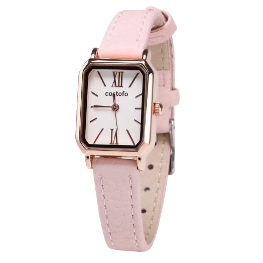 COSTOFO Pink Women Watch,Womens Watches for Small Wrists,Vintage Rectangle Shaped Ladies Watches,Easy Read Roman Numerals,Leather Band