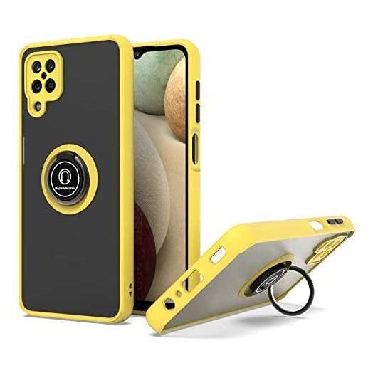 KWEICASE Cell Phone Case for Samsung Galaxy A12, Samsung A12 Matte Clear Case with 360 Degrees Rotate Metal Magnetic Ring Kickstand, Soft TPU Bumper Hard PC Shockproof Protective Case, Yellow