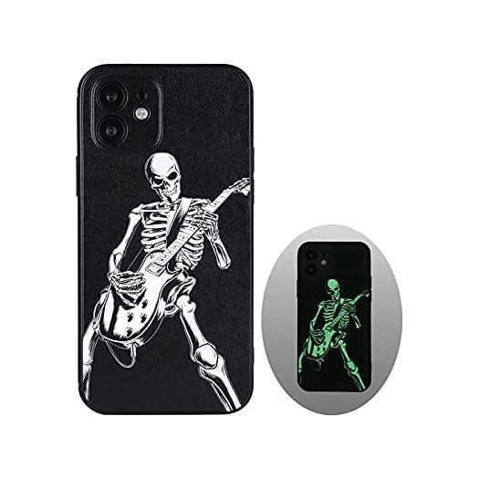 X-spirit Cool Leather Case for iPhone 12, Skull Pattern, Skeleton Playing Guitar, Glow in The Dark (iPh 12-Skeleton Playing Guitar)