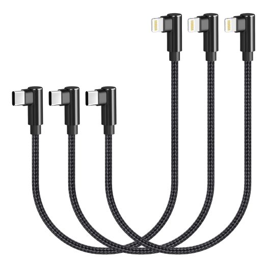 USB C to Lightning Cable 1ft 3 Pack MFi Certified Right Angle iPhone Charger 90 Degree Elbow Braided Lightning to USB C Cable for iPhone 13 12 11 Pro X XS XR 8 Plus 7 6 5 (Black)