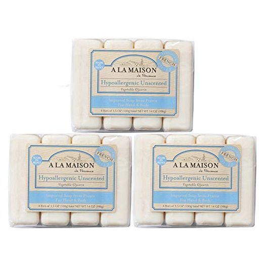 A La Maison Hypoallergenic Unscented Bar Soap 3.5 oz. | 12 Bars Triple French Milled All Natural Soap | Moisturizing and Hydrating For Men, Women, Face and Body