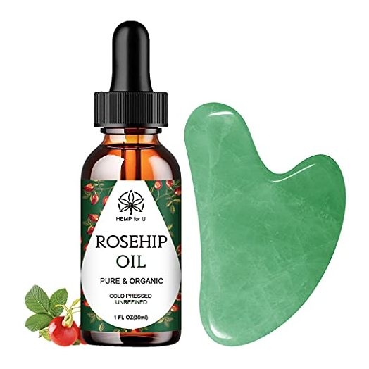 Gua Sha Massage Tools & Rosehip Oil in One Set, Nature Jade Stone Facial Gua sha Products for Skin Massage, Beauty and Moisturizing - with Nice Travel Pouch