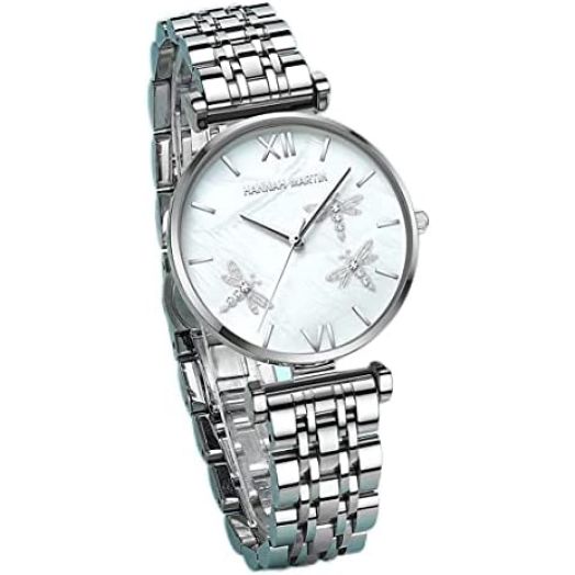 Dragonfly Women Watches,Crystal Diamond Dial,Pearl Texture Big Watch Face,Vacuum Plating Stainless Steel/Genuine Leather Band,Japanese Quartz,Waterproof,Rose Giftable Packing for Women Ladies Girls