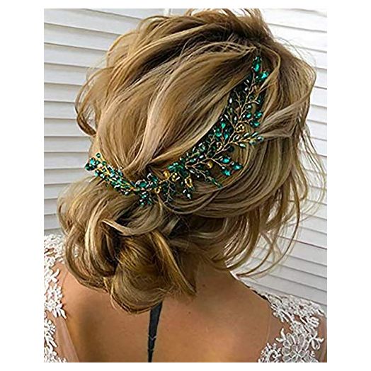 Denifery Emerald Wedding Hair Piece Green Hair Vine Bridal Gold Jewelry Headpiece Wedding Hair Accessories