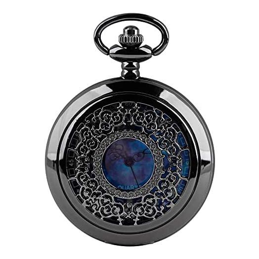 Pocket Watch Hollow Blue Star Design Roman Numerals Quartz with Chain Christmas Birthday Gifts