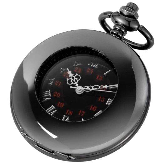 Alwesam Simple Smooth Black Hollow Cover Mechanical Pocket Watch Steampunk Roman Numerals Display Hand Winding Pocket Watch with Chain & Box