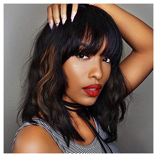 Black Mixed Brown for Black Women 14 Inch Short Wavy Hair Wigs Curly Bob Wig with Bangs Wigs Shoulder Length