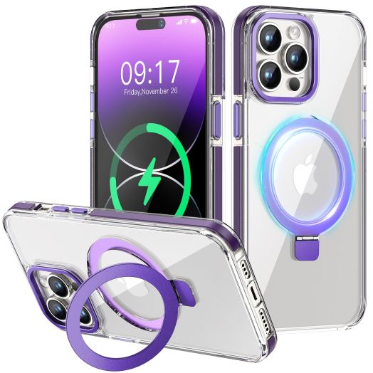 Magnetic Clear Case for iPhone 14 Pro with Stand [Invisible Durable Ring] [Compatible with MagSafe] [Military-Grade Fall Protection] Non-Yellowing Color Frame Phone Case 6.1 Inch, Purple