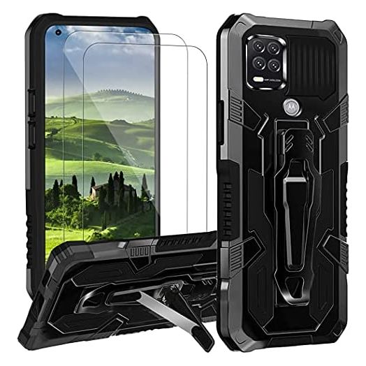 Compatible with Moto G Stylus 5G Case with 2 Pack Screen Protector,Full Body Protection Shockproof Rugged PC Front Bumper + Soft TPU Back Cover with Belt Clip for Motorola Moto G Stylus 5G Case -BLACK