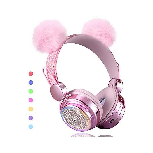 Wireless Girls Headphones Bluetooth, KORABA LED Light up Color Changing Girls Bluetooth Headsets with MIC, 10 Hours 5.0 Bluetooth Headphones for School, Christmas (Pink)