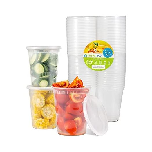 Tashibox Plastic Food Storage Freezer Containers with Airtight Lids, 32 oz (24 Sets)