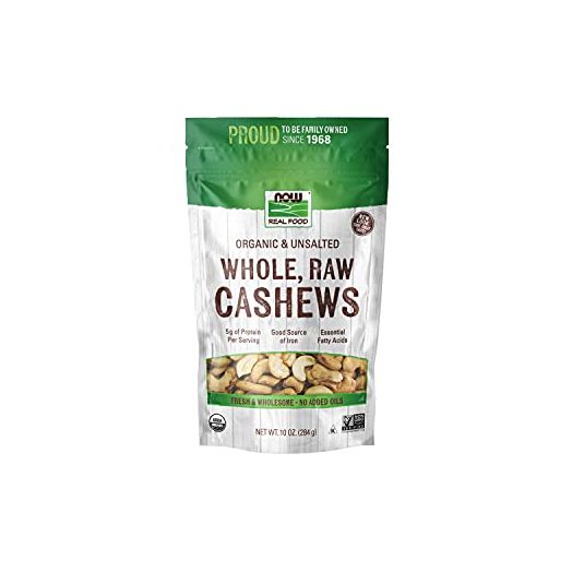 NOW Foods, Certified Organic Cashews, Whole, Raw and Unsalted, Rich Buttery Flavor, Source of Fiber, Protein and Iron, Certified Non-GMO, 10-Ounce (Packaging May Vary)