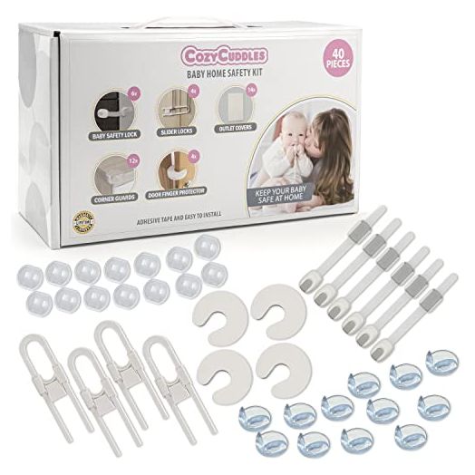 [40 Pieces] COZYCUDDLES Baby Safety Kit Safeguarding Complete Essential Child, Toddler, Baby Proofing Kit - Adjustable Locks for Cabinets, Drawers, Corner Guards, Outlet Covers, Door Pinch Protectors