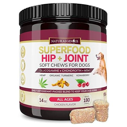 Hip & Joint Pain Relief Treats, Superfood for Senior Dogs - Hemp, Glucosamine, Chondroitin, MSM, Organic Turmeric, Konaberry Supplement - Soft Chews, Large & Small Breeds (180 Count)
