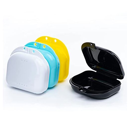 Retainer Case with Vent Holes, 4 Pcs Denture Case, Durable & Similar Mouth Guard Case for Black, White, Yellow and Blue - Tight Snap Lock, Easy to Use