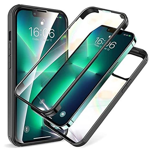 iPhone 13 Case with Built-in 9H Tempered Glass Screen Protector, Military Shockproof Transparent Back 360° Full Body Protective Case for iPhone 13 6.1 Inch 2021 (Black)