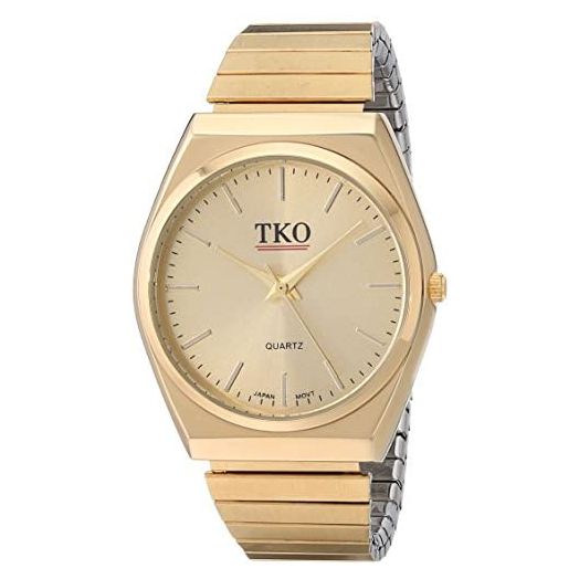 TKO All Gold Watch Expansion Band Stainless Steel Stretch Thin Case Gold Face Dress Flex Vintage Watch TK649G