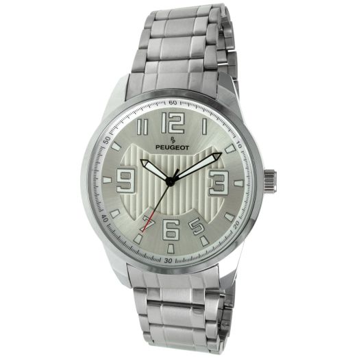 Peugeot Men's Large Silver-Tone Wrist Watch - Easy Reader with Carbon Fiber Cutout Dial and Bracelet