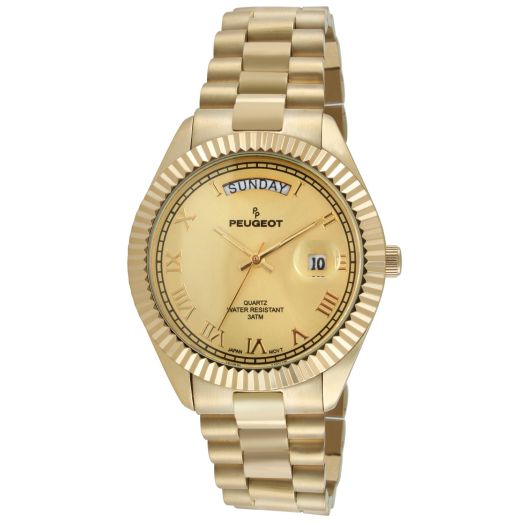 Peugeot 14K All Gold Plated Big Face Luxury Watch with Day Date Windows, Roman Numerals & Coin Edge Fluted Bezel Watch