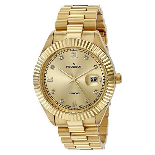 Peugeot 14K Gold Plated Diamond Luxury Dress Watch with Fluted Bezel and Calendar