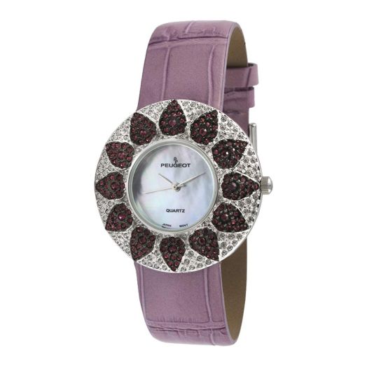Peugeot Women's Swarovski Crystal Round Watch with Leather Strap