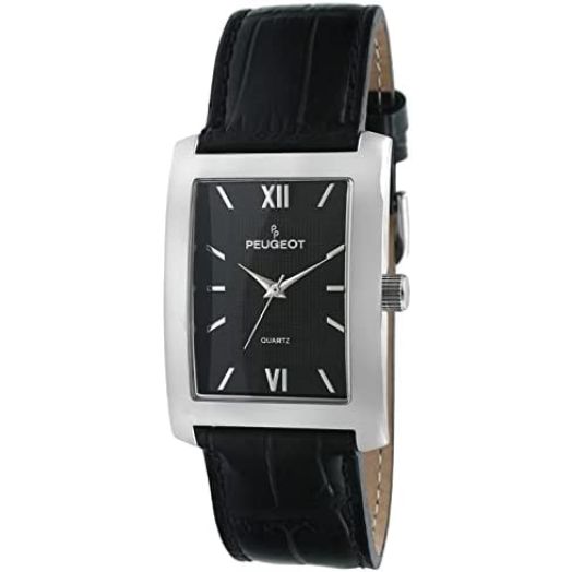 Peugeot Men's Rectangular Textured Roman Numeral Dial Classic Dress Wrist Watch with Leather Strap Band