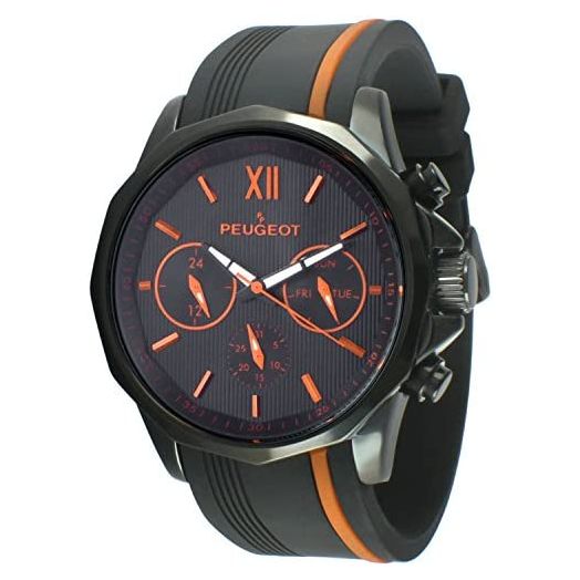 Peugeot Men Big Face Chronograph Sport Watch - Round with Day, Date. 24 Hours Sub Dial Windows & Silicone Strap
