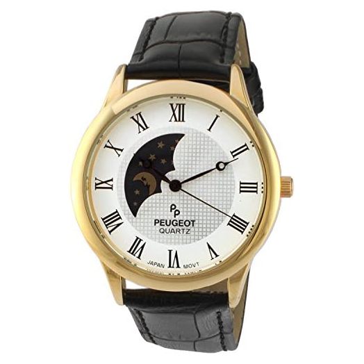 Peugeot Men's 14K Gold Plated Sun Moon Phase Vintage Dress Analog Watch with Leather Strap