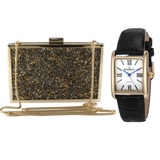Peugeot Women's Black Watch and Evening Clutch Set PB005GN-ST