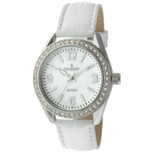 Peugeot Women's Boyfriend Large Face Case Dress Wrist Watch with Swarovski Crystal Bezel & Thick Leather Strap Band