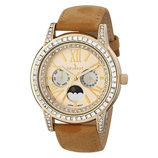 Peugeot Women Crystal Bezel Dress Watch, Day Date Moon Phase Function & Mother of Peal Dial with Roman Numeral, Brown Suede Strap