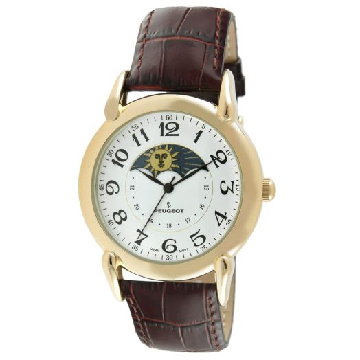 Peugeot Men's 14k Gold Plated Vintage Leather Dress Watch