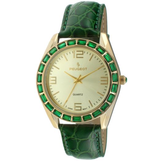 Peugeot Women Crystal Accented Round Watch - Boyfriend Style with Genuine Leather Strap Watch
