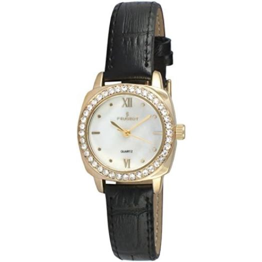 Peugeot Women Round Gold Dress Watch with Crystal Bezel and Leather Strap