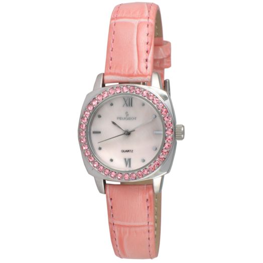 Peugeot Women Round Gold Dress Watch with Crystal Bezel and Leather Strap