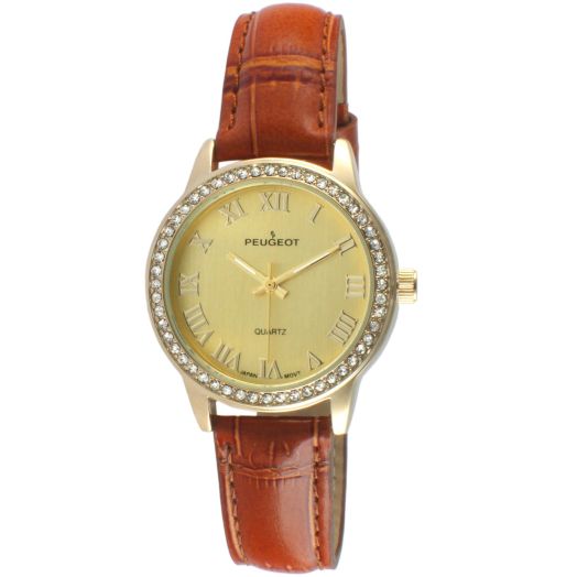 Peugeot Women's Metal Roman Numeral Crystal Leather Dress Watch