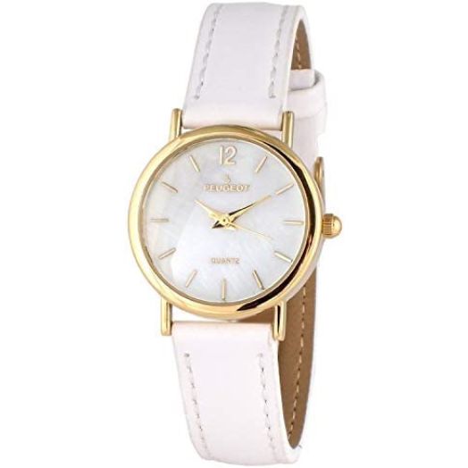 Peugeot Women Classic Everyday Watch - 14K Plated Round Case with Leather Band