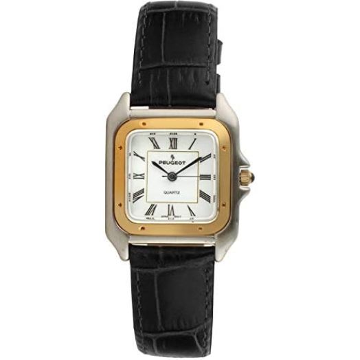 Peugeot Women Two-Tone Tank Shape Dress Watch with Designer Leather Wrist Band