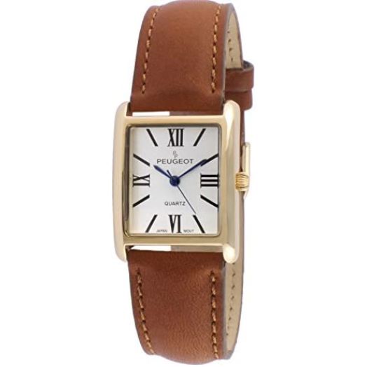 Peugeot Women's 14K Gold Plated Tank Leather Dress Watch with Roman Numerals Dial
